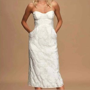 Lulus From this Day White Floral Jacquard Strapless Midi Dress Size Small NWT